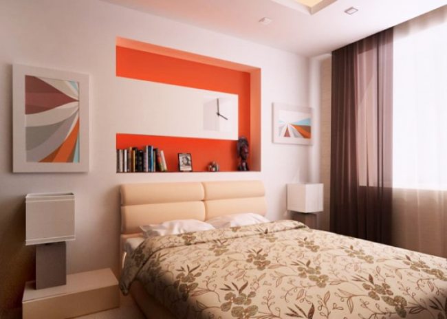 Дизайн спальни 9 кв м:Полки, ниши, декоративные элементы